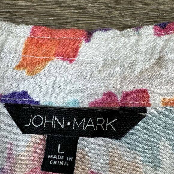 John Mark Abstract Floral Button Down Top Stand Wire Collar Tied 3/4 Sleeve Sz L - Picture 5 of 11